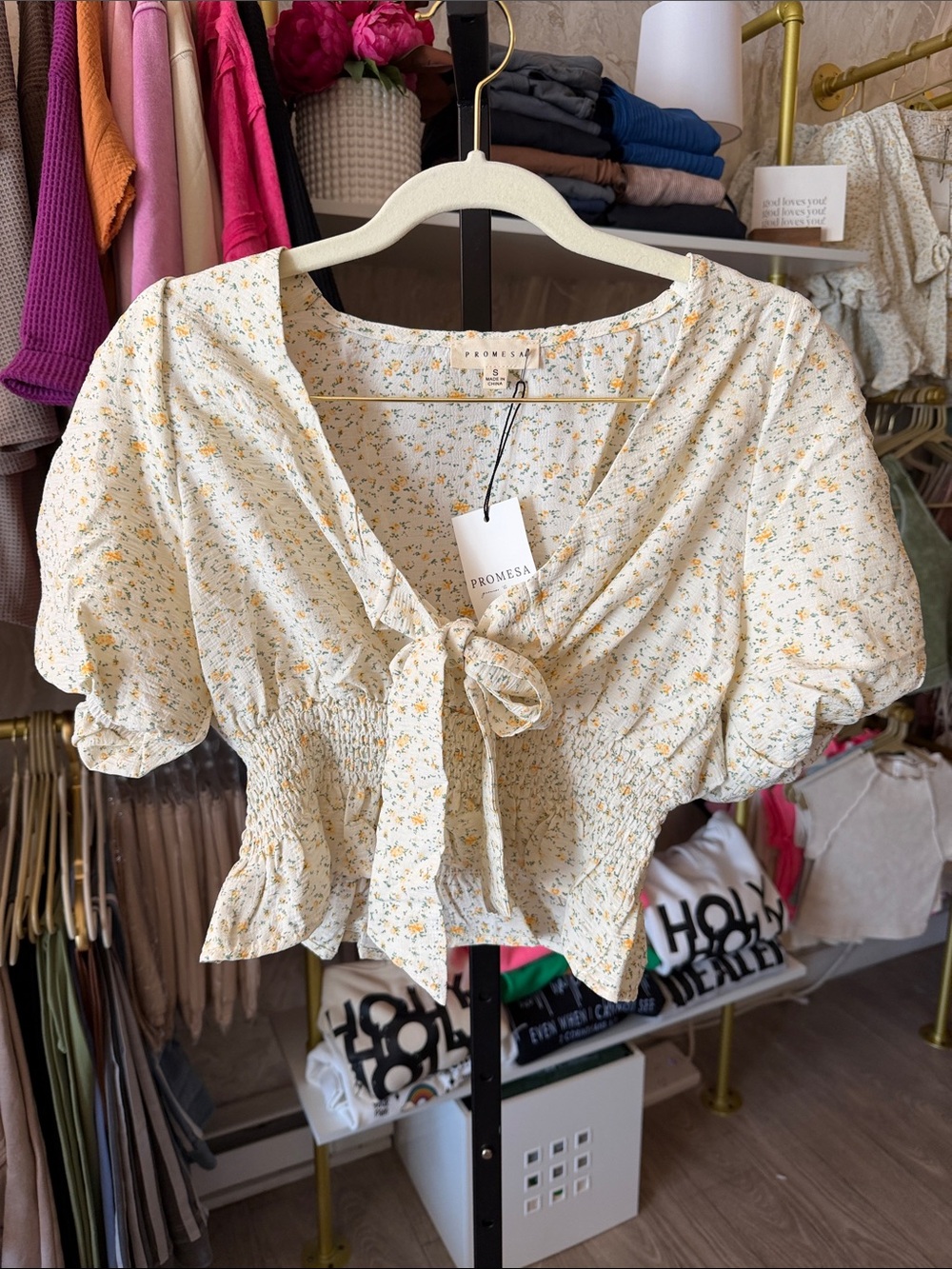 Promesa Cream Yellow Floral Tie-Front Puff Sleeve Crop Top Boho